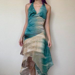 Y2K Blue and Brown Tie Dye Asymmetrical Midi Dress Medium